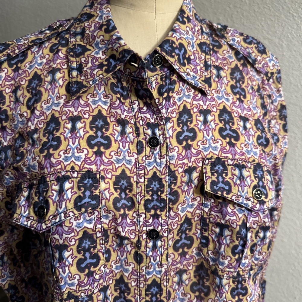 Tory Burch Cotton Demask Kaleidoscope Button Blouse Roll Tab Long Sleeve Sz 10 - Picture 2 of 11